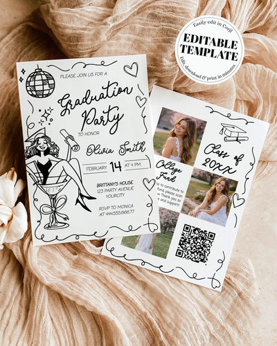Doodle Graduation Invitation Template, Disco Grad Party Invite, Hand Drawn Senior Announcement Card 070BW-GRINV - marryful.org