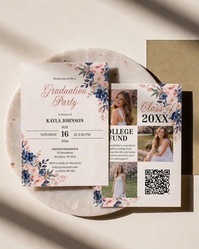 Floral Graduation Invitation Template, Pink Blue Grad Party Invite, Elegant Senior Celebration Card - marryful.org