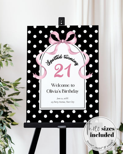 Pink Bow Birthday Welcome Sign, Spotted Turning Polka Dot Party Entrance, Editable Template Poster 083BW-WLCM - marryful.org