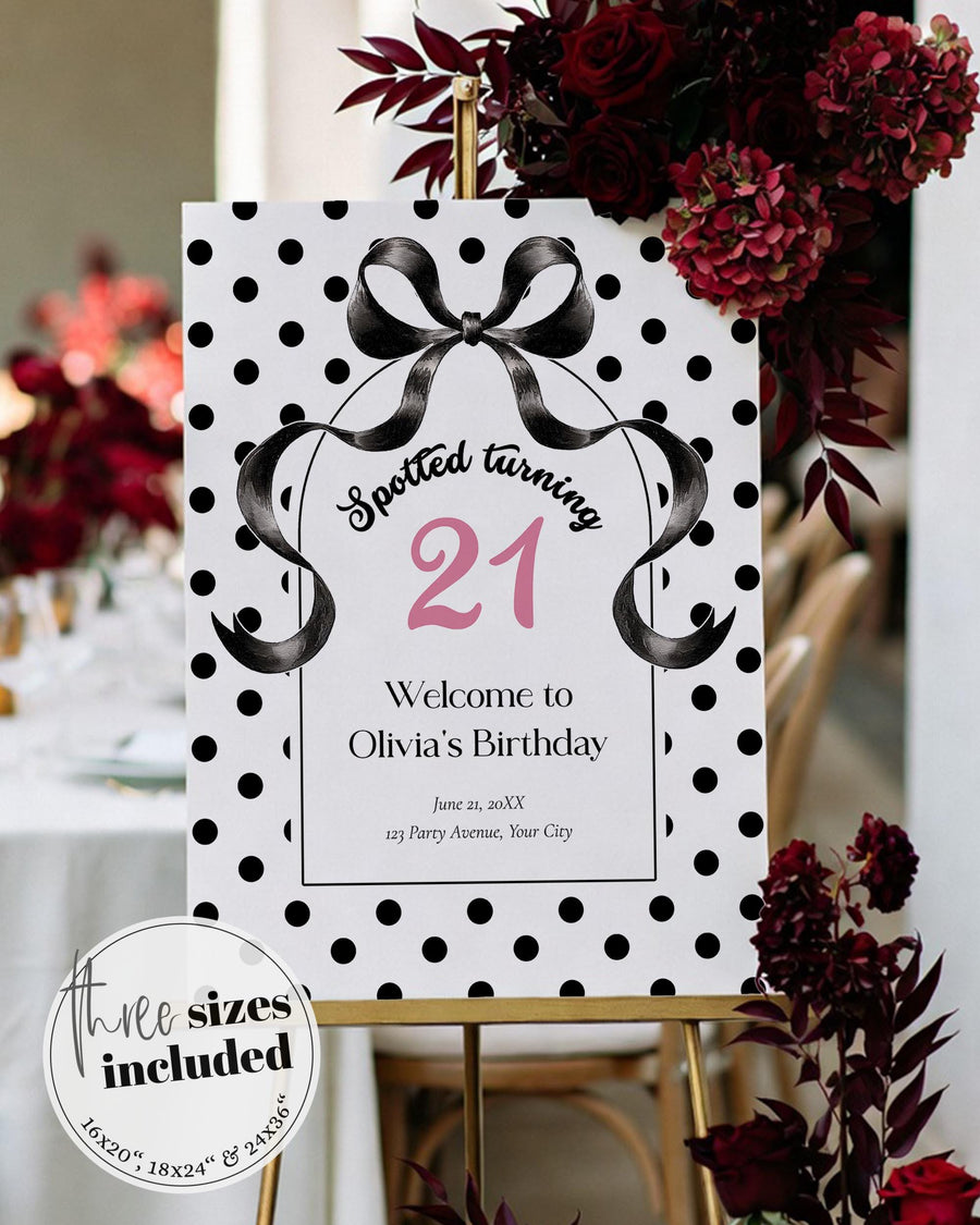 Spotted Turning Welcome Sign, Black Bow Polka Dot Birthday Party Entrance, Editable Template Poster 083BW-WLCM - marryful.org
