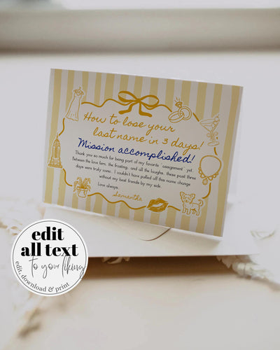 How to Lose Your Last Name Thank You Card Template, Bow Stripe Bridal Note 089YE-THCA - marryful.org