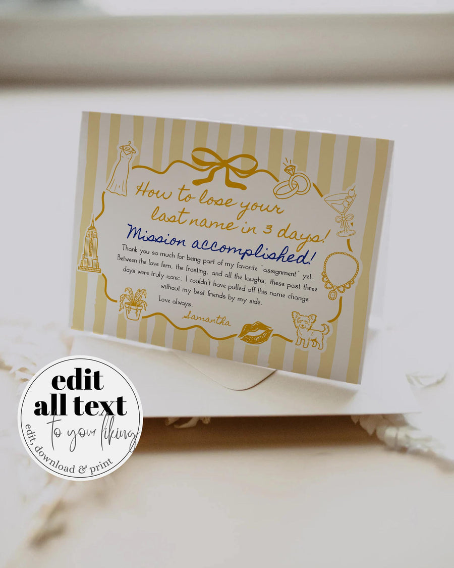 How to Lose Your Last Name Thank You Card Template, Bow Stripe Bridal Note 089YE-THCA - marryful.org