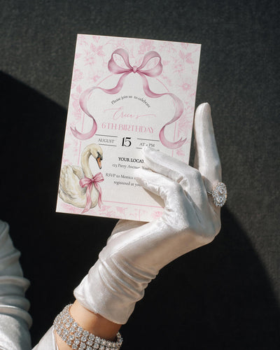Swan Princess Birthday Invitation Template, Pink Bow Party Invite, Coquette Celebration Card 079SB-BINV - marryful.org