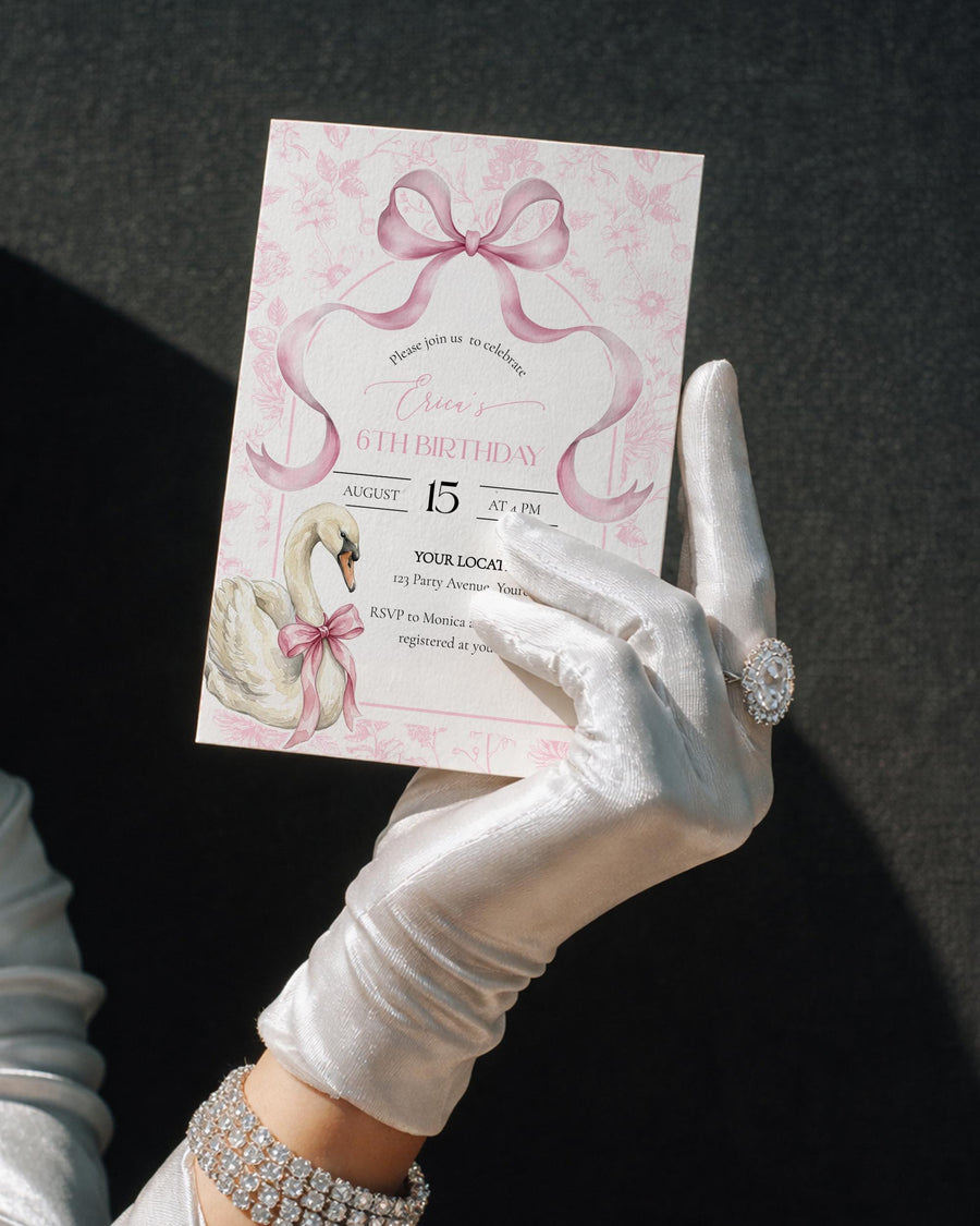 Swan Princess Birthday Invitation Template, Pink Bow Party Invite, Coquette Celebration Card 079SB-BINV - marryful.org