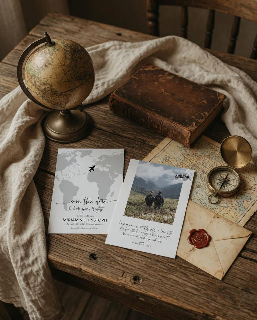 Destination Wedding Save the Date Template, World Map Travel Theme Invite 072W-STDINV - marryful.org