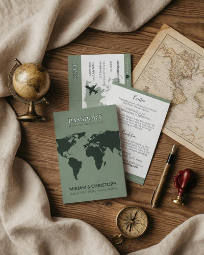 Green Passport Wedding Invitation, Travel Themed Wedding Passport Template Watercolor Map #072w - marryful.org