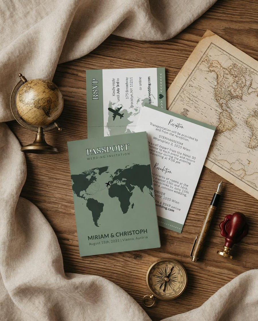 Green Passport Wedding Invitation, Travel Themed Wedding Passport Template Watercolor Map #072w - marryful.org