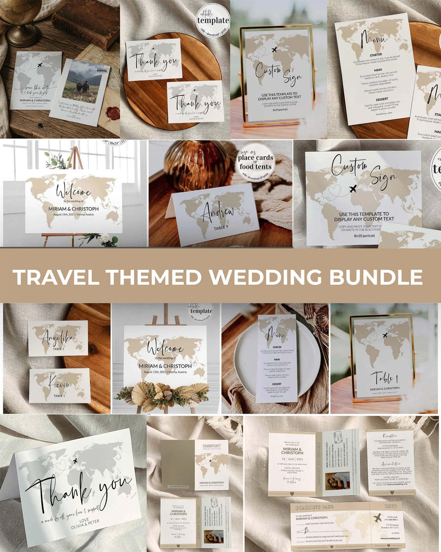 Destination wedding stationery bundle, travel themed wedding suite, Watercolor World Map Wedding Invitation Template #072w - marryful.org