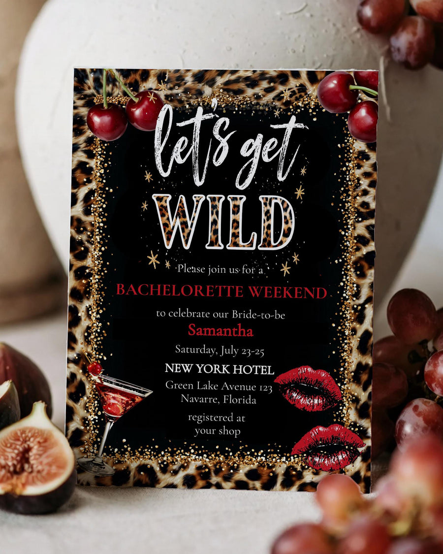 Let's Get Wild Bachelorette Itinerary, Cheetah Cherry Girls Trip, Weekend Schedule Editable Template 090CH-BACHINV - marryful.org