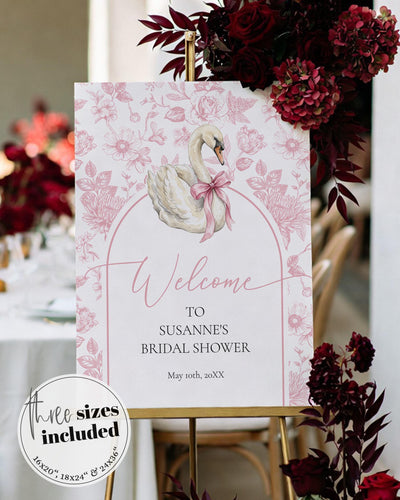 Swan Bridal Shower Welcome Sign Template, Pink Toile de Jouy Decor Party Poster 079PI-WLCM - marryful.org