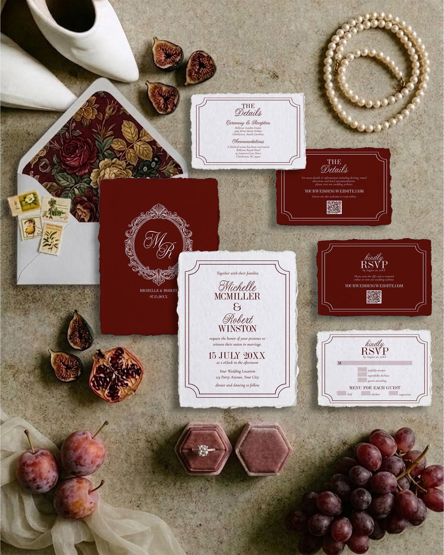 Old Money Burgundy Wedding Invitation, Elegant Monogram Luxury Bridal Suite, Timeless Classic Template 080BU-WEDINV - marryful.org
