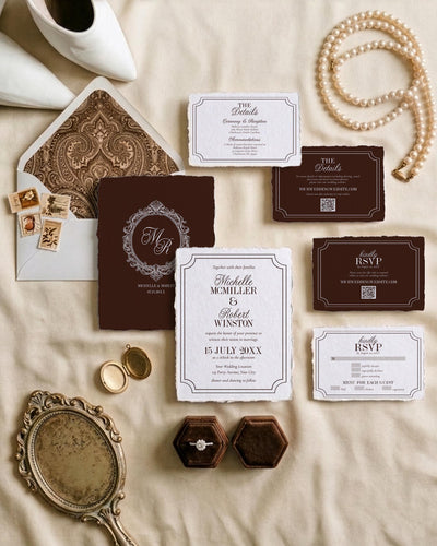 Old Money Espresso Brown Wedding Invitation, Refined Cream Monogram Stationery Suite, Timeless Template 080BR-WEDINV - marryful.org