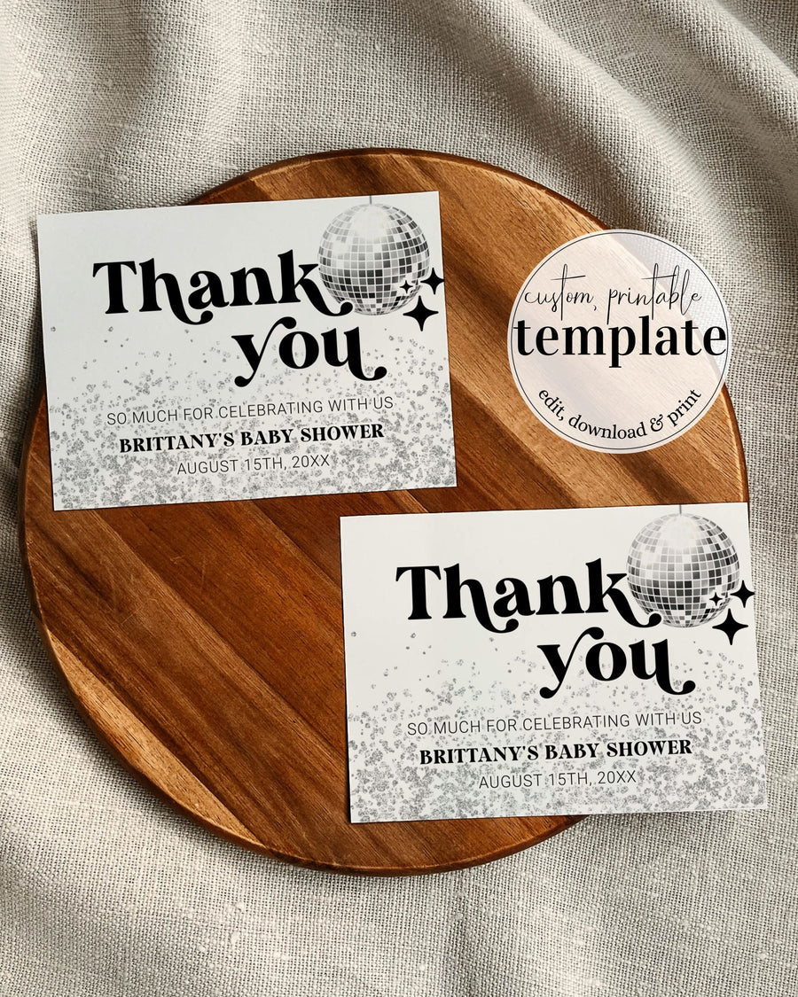 Groovy 70s Baby Shower Thank You Card, Disco Ball Silver Glitter Editable Template 065D-THCA - marryful.org