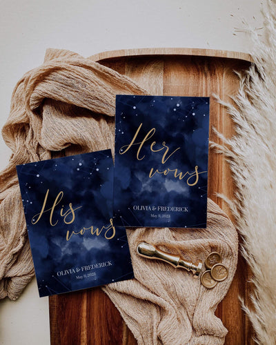 Celestial Wedding Vow Book Template, Navy Gold Constellation Moon Theme 066CE-WEVOBO - marryful.org
