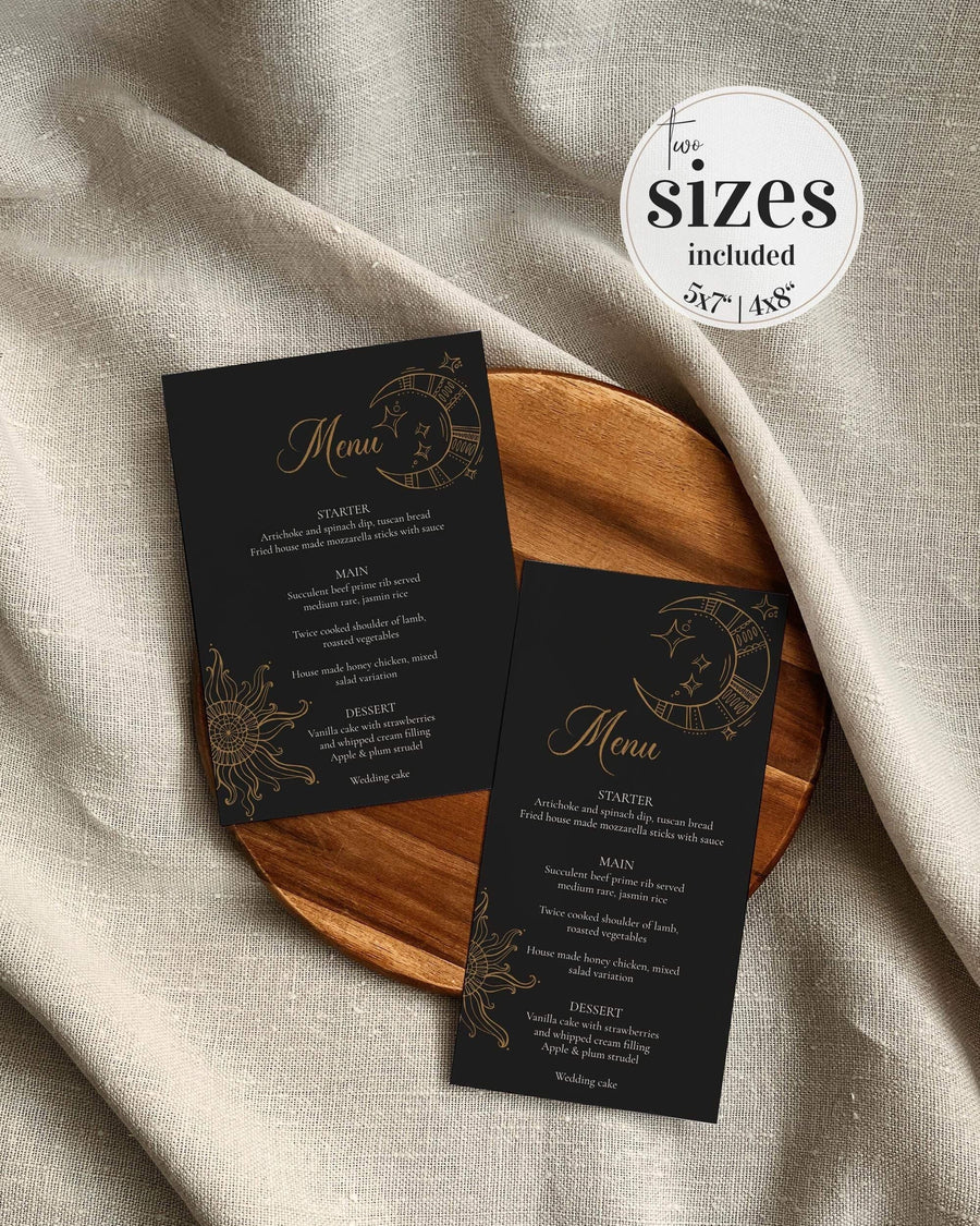 Starry Night Tarot Menu Card Template - Celestial Moon and Stars, Constellation, Zodiac, Night Sky, Black and Gold Design - marryful.org