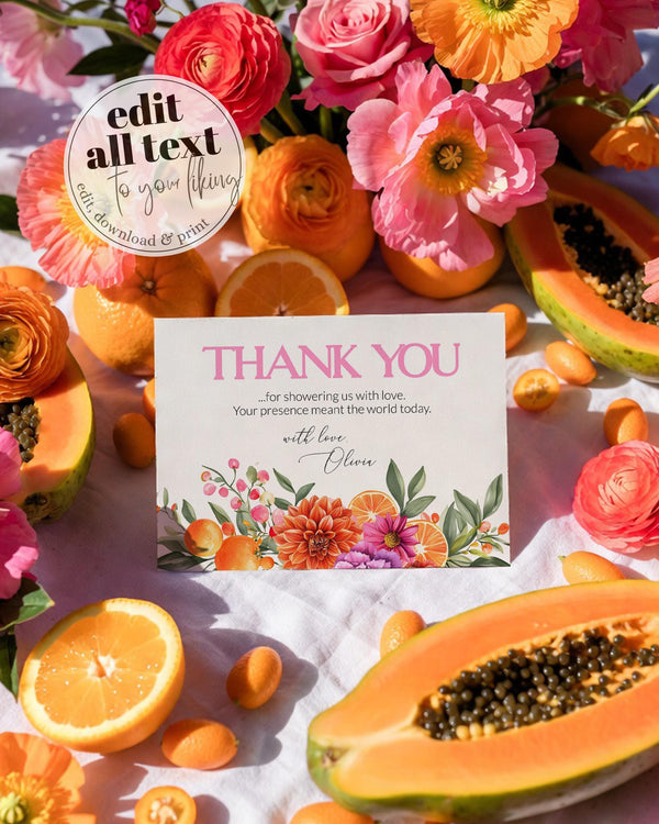 Bright Florals Pink Orange Thank You Card Citrus Baby In Bloom Printable Template 011PO2-THCA - marryful.org