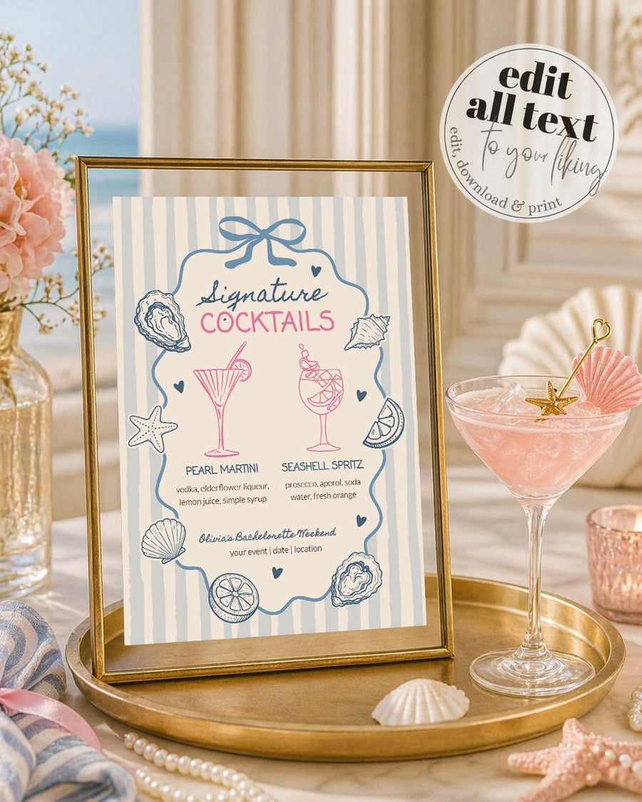 Oyster Signature Cocktail Sign Template, Dusty Blue Drink Menu, Coastal Party Decor 089OY-BAME - marryful.org