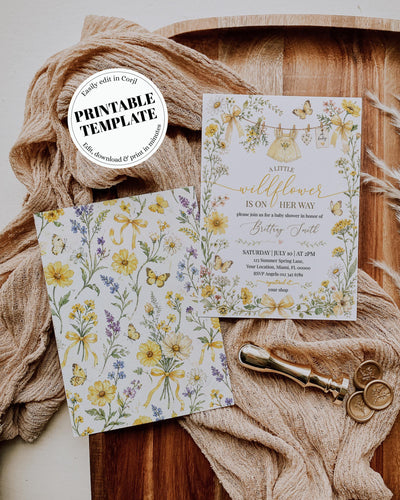Baby in Bloom Baby Shower Invitation, Yellow Wildflower Invite, Butterfly Bow Girl Template 100YE-BSINV - marryful.org