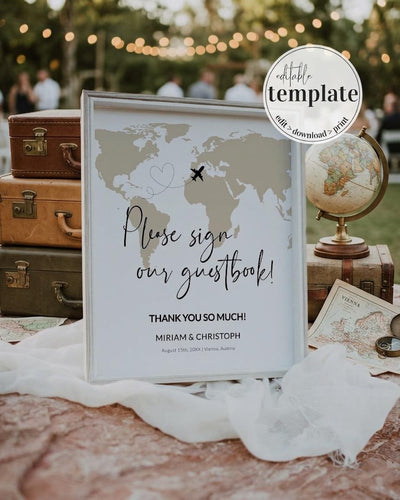 Destination Wedding Guestbook Sign World Map Travel Theme Printable Table Sign Template #072w - marryful.org
