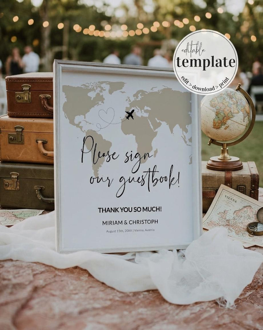 Destination Wedding Guestbook Sign World Map Travel Theme Printable Table Sign Template #072w - marryful.org