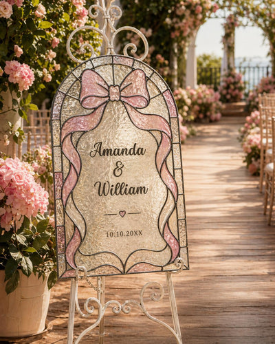 DIY Stained Glass Sign Template, Bow Coquette Bridal Shower Acrylic Printable Welcome Sign 35STGL-WLCM - marryful.org