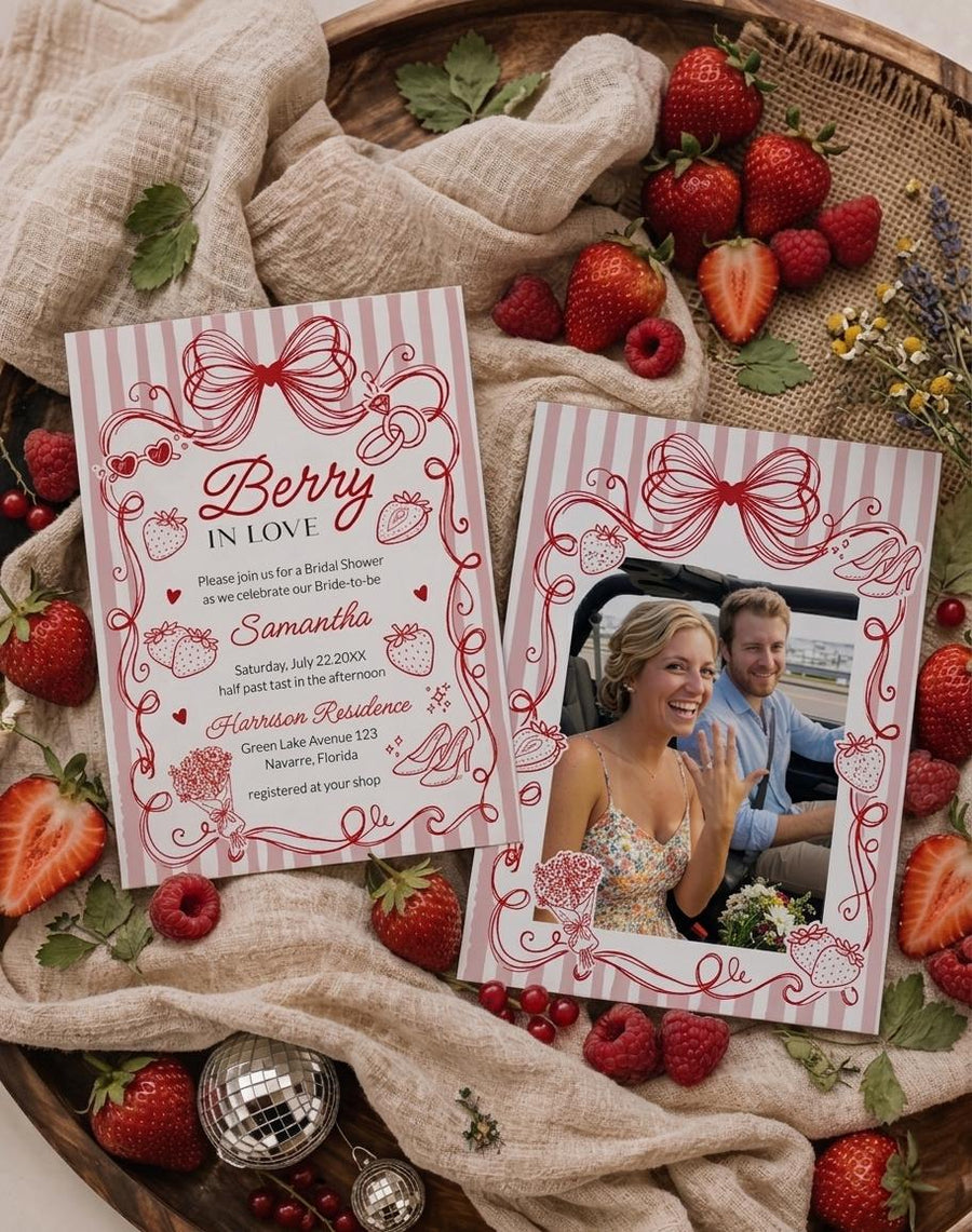 Berry in Love Bridal Shower Invitation Strawberry Stripes Bride to Be Party Template 089BE-BRSINV - marryful.org