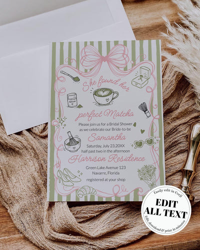 Matcha Bridal Shower Invitation Template, Coquette Bow Sage Tea Party Invite with Photo 089MA-BRSINV - marryful.org