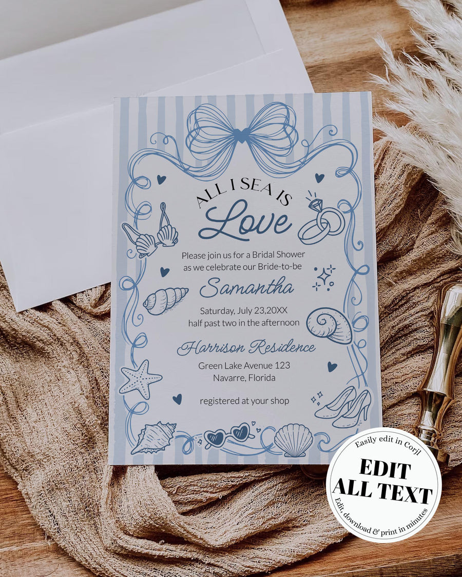 Coastal Bridal Shower Invitation Template, Blue Seashell Beach Invite, All I Sea Is Love 089SE-BRSINV - marryful.org