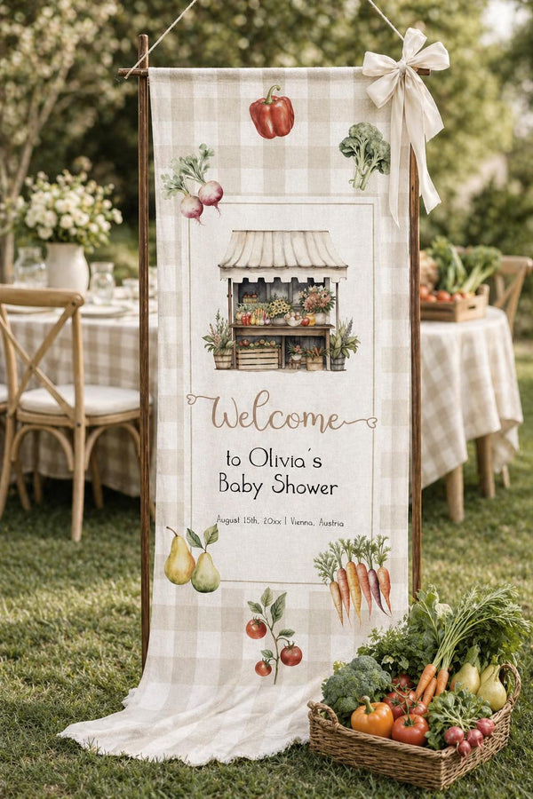 Farmers Market Baby Shower Fabric Banner Template, Locally Grown Welcome Tapestry Sign 003LG-TASI - marryful.org