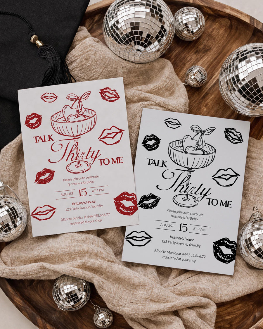 Talk Thirty to me, 30th Birthday Invitation, Cherry Cocktail Doodle Invite Template 070BW-BINV - marryful.org