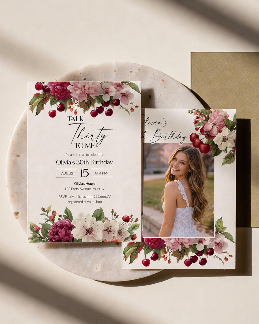 30th Birthday Invitation, Talk Thirty to Me Floral Cherry Invite, Burgundy Garden Party Template - marryful.org