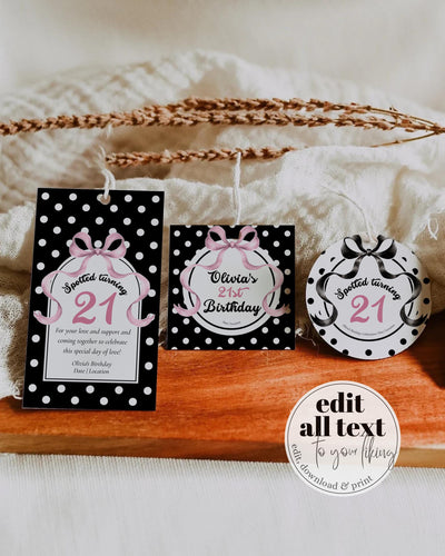 Spotted Turning Favor Tags, Polka Dot Birthday Labels and Stickers, Editable Digital Template Pack 083BW-TLST - marryful.org