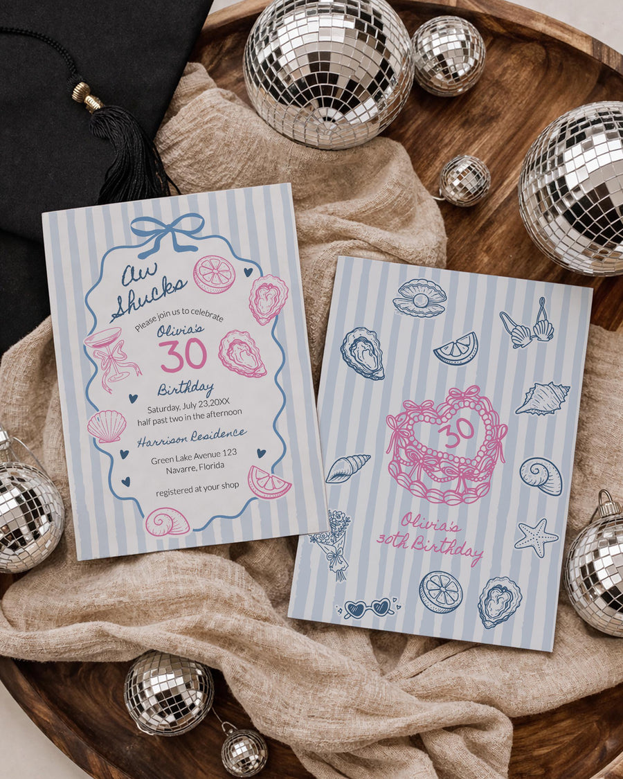 Oyster Birthday Invitation Template, Dusty Blue Party Invite, Coastal Coquette Celebration, Aww Shucks 089LO-BINV - marryful.org