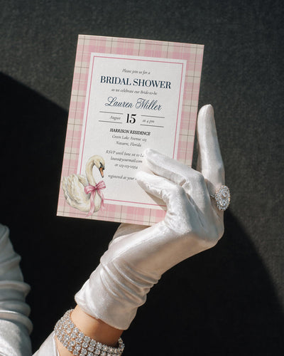 Swan Bridal Shower Invitation Template, Pink Plaid Old Money Invite, Preppy Party Card 068PI-BRSINV - marryful.org