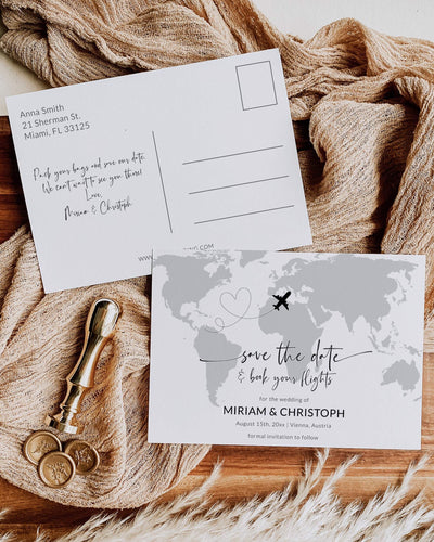 Destination Wedding Save the Date Postcard, Travel Map Airmail Card, Boho Editable Template 072W-PCSTD - marryful.org
