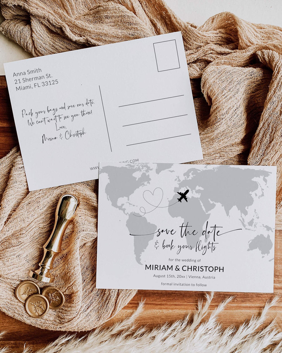 Destination Wedding Save the Date Postcard, Travel Map Airmail Card, Boho Editable Template 072W-PCSTD - marryful.org