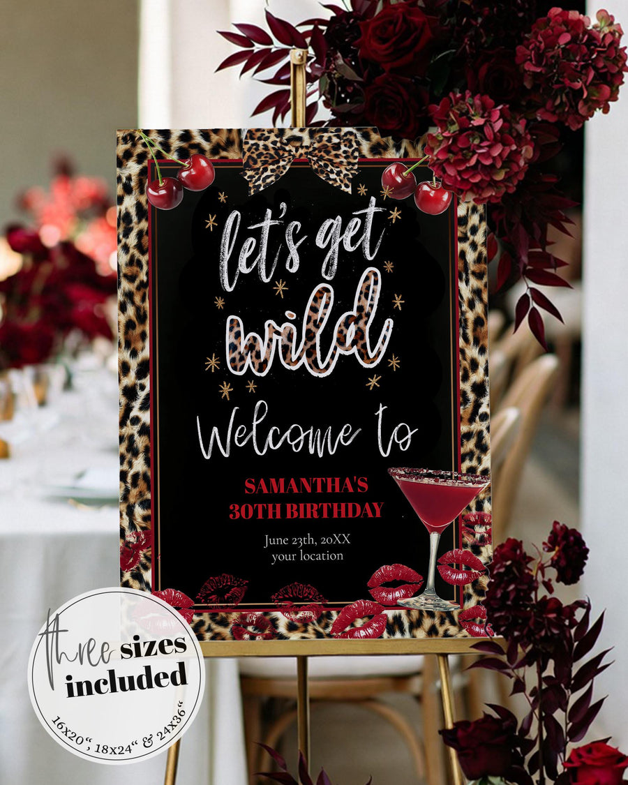 Let's Get Wild Birthday Welcome Sign, Cheetah Print Cherry Lips Banner, Editable Template 090CH-WLCM - marryful.org