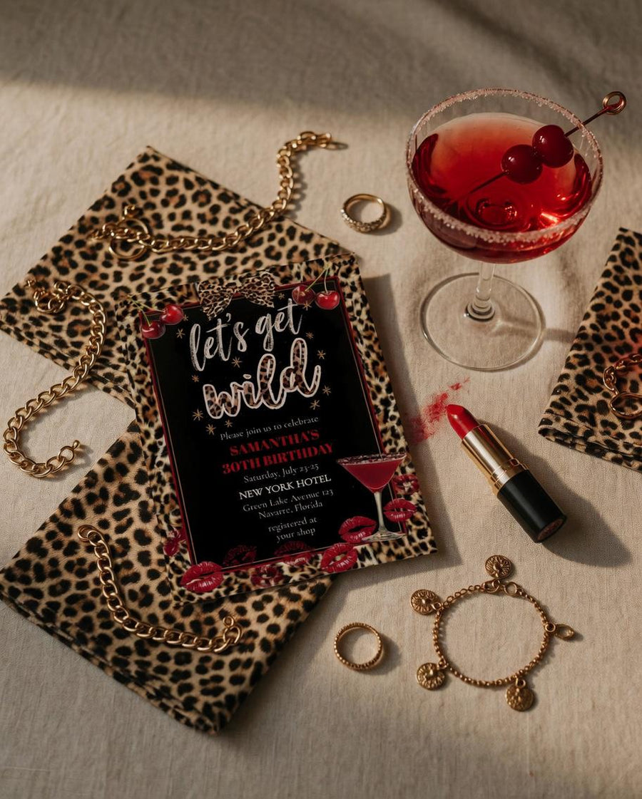 Let's Get Wild Birthday Invitation, Cheetah Cherry Lips Design, Dirty Thirty Editable Template 090CH-BINV - marryful.org
