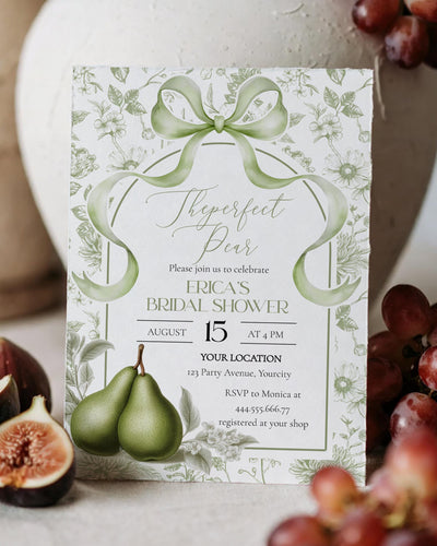 Perfect Pear Bridal Shower Invitation, Sage Green Bow Floral Invite, Editable Wedding Template 079GR-BRSINV - marryful.org
