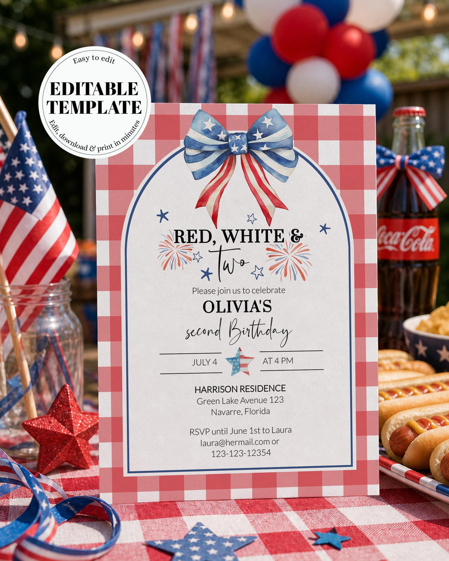 4th of July Second Birthday Invitation Red White and TWO BBQ Burger Party 020IND-BINV - marryful.org