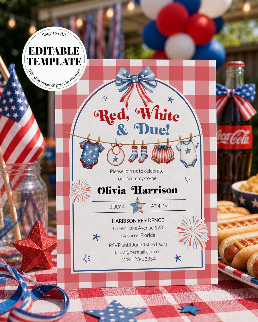 Red White and Due Baby Shower Invitation, All American Clothesline Editable Template 020IND-BSINV - marryful.org