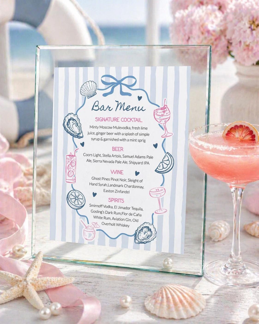 Oyster Bar Menu Template, Dusty Blue Party Drinks Sign, Coastal Celebration Decor 089OY-BAME - marryful.org
