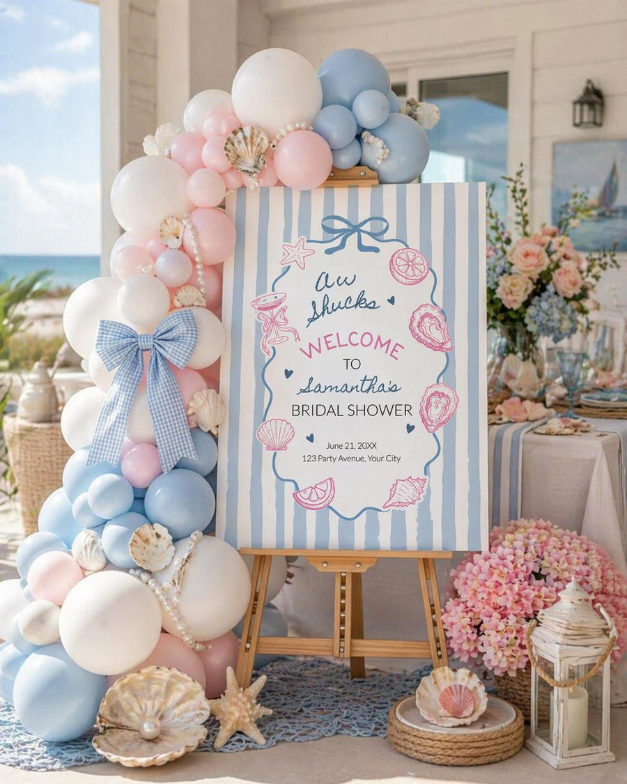 Oyster Welcome Sign Template, Dusty Blue Party Decor, Coastal Birthday Celebration 089OY-WLCM - marryful.org
