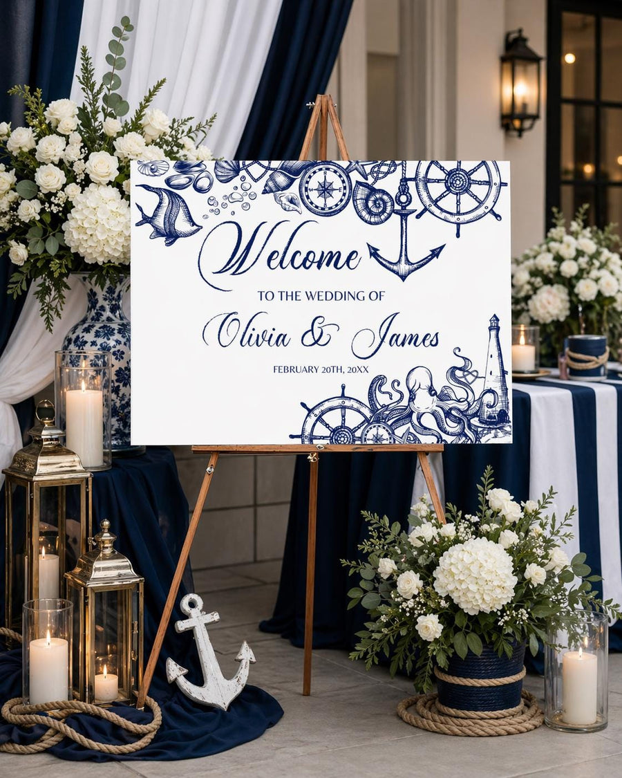 Nautical Wedding Welcome Sign Template, Beach Reception Ocean Theme 071NA-WLCM - marryful.org
