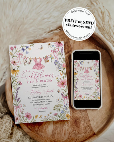 Pink Bow Wildflower Baby Shower Invitation, Colorful Floral Butterfly Invite, Coquette Girl Template 100PI-BSINV - marryful.org