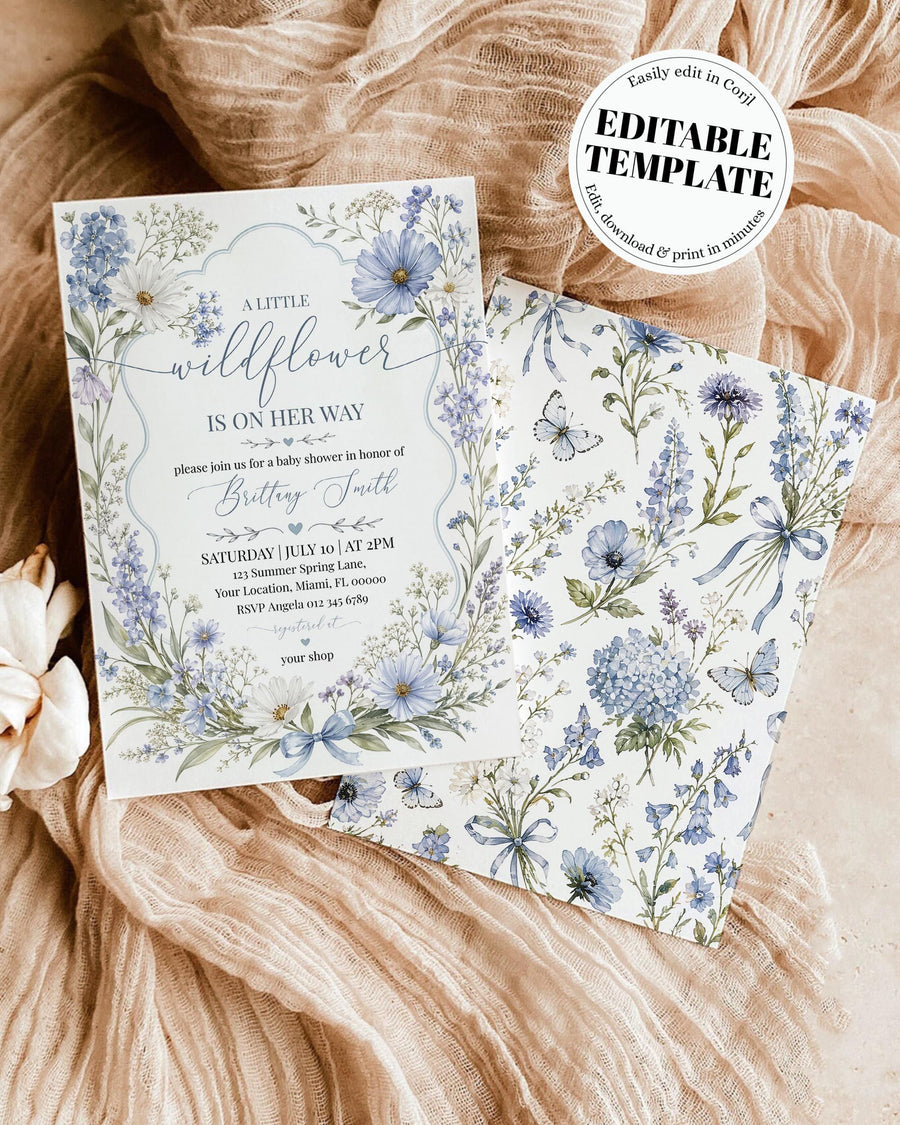 Wildflower Baby Shower Invitation, Blue Floral Scalloped Invite, Baby in Bloom Boy Template 100BL-BSINV - marryful.org