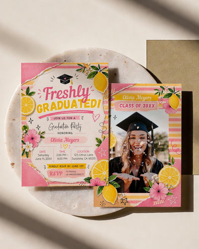 Freshly Graduated Invitation Template, Pink Lemon Graduation Party Invite, Quirky Scrapbook Printable Celebration Card 011PO-GRADINV - marryful.org