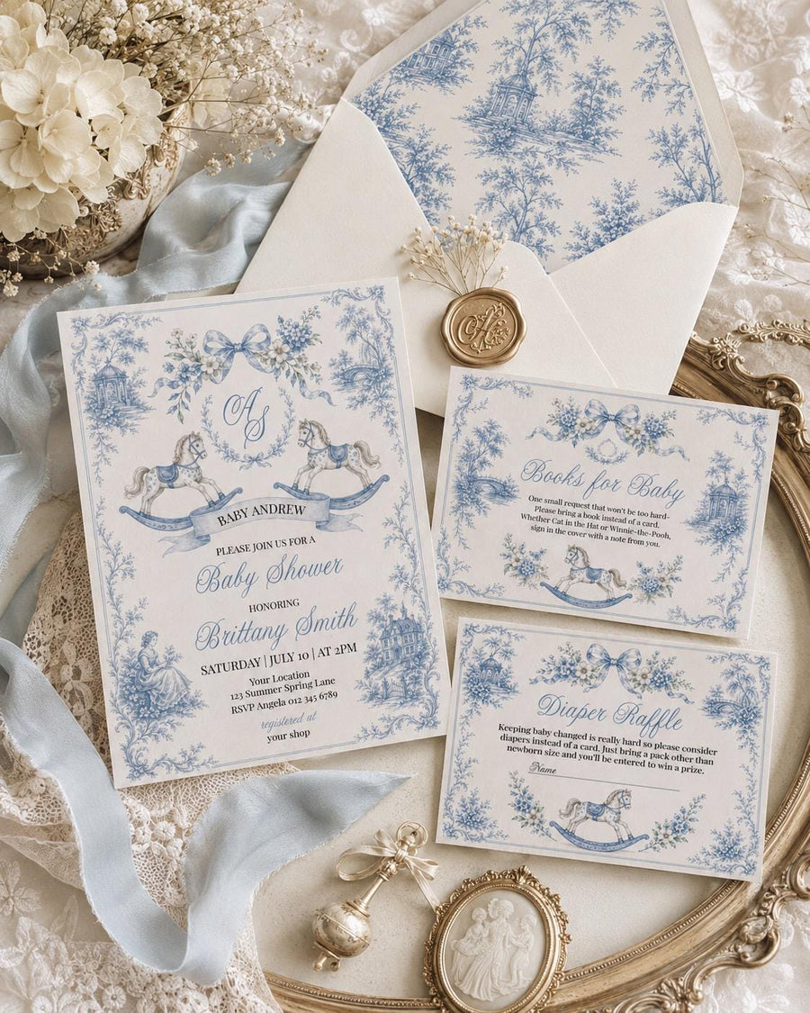 Rocking Horse Baby Shower Invitation, Blue Toile Baby Boy Invite, Classic Heirloom Template 100BL-BSINV - marryful.org