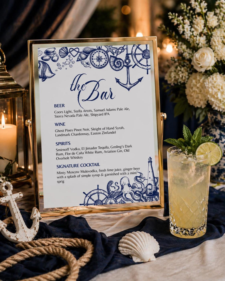 Nautical Bar Menu Sign Template, Beach Wedding Signature Drink Printable 071NA-BAME - marryful.org