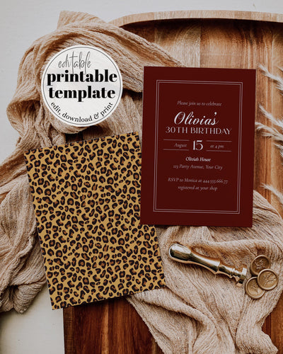 Burgundy Cheetah Birthday Invitation, Old Money Luxury Vintage Frame Party Template 080-BIRINV3 - marryful.org